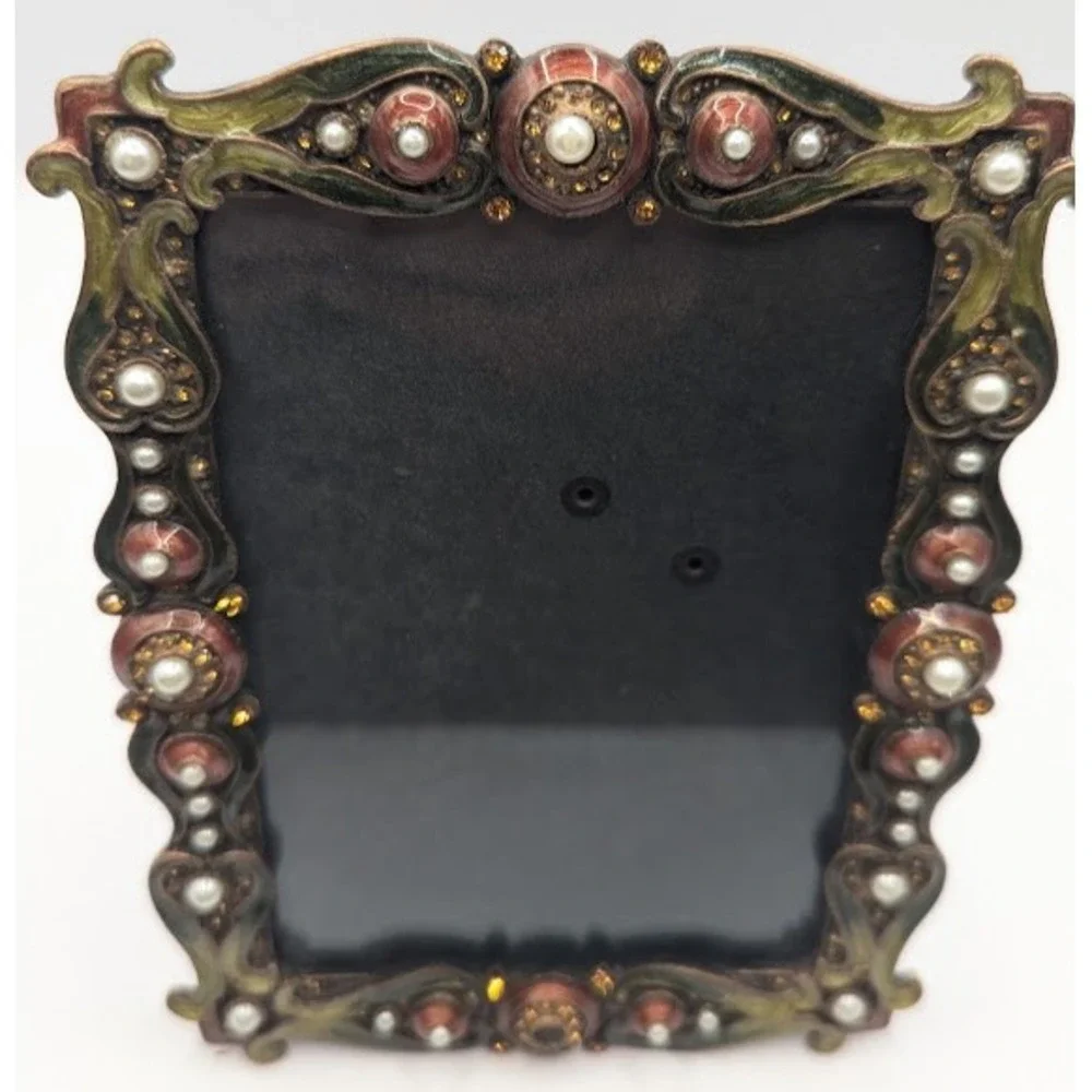 Vintage Ornate Jeweled Picture Frame Baroque Enamel Faux Pearl Crystal 4.5